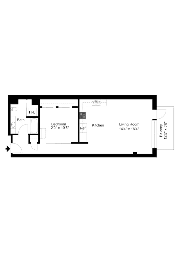 A floor plan of a house with a bath, bedroom, kitchen, living room and a balcony.