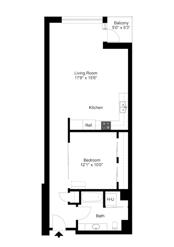 A black and white image of a floor plan for a small apartment.