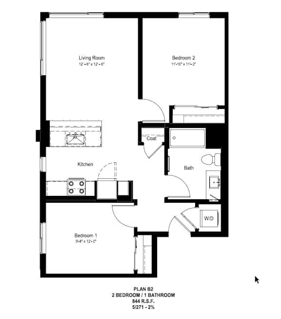 A floor plan of a 2 bedroom apartment with a living room, kitchen, bathroom and two bedrooms.