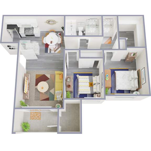 A 3D floor plan of a house showing the layout of the rooms.