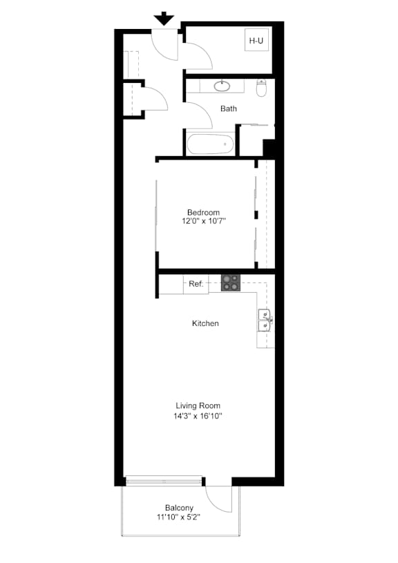A floor plan of a house with a living room, kitchen, bathroom and balcony.