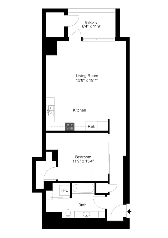 A floor plan of a home with a living room, kitchen, bathroom and bedroom.