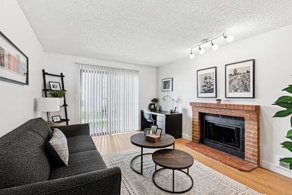 A living room with a grey couch, a fireplace, and a plant.