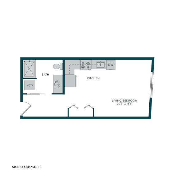 A floor plan of a studio apartment with a kitchen, bathroom, and living/bedroom area.