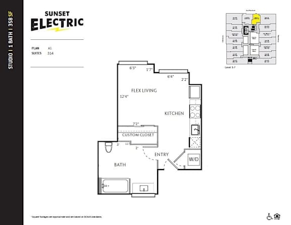 A Sunset Electric floor plan for a studio apartment with dimensions and a smaller inset showing the apartment's location within a building.