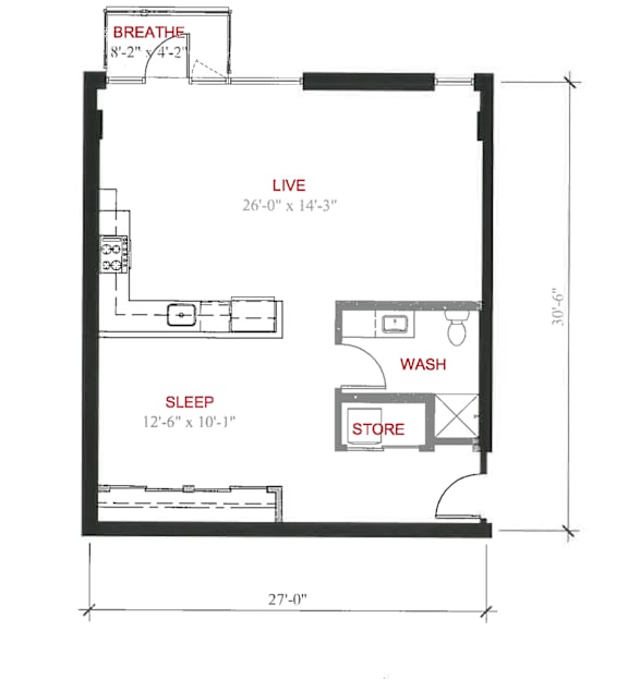 A floor plan of a small apartment with a living room, sleeping area, and bathroom.