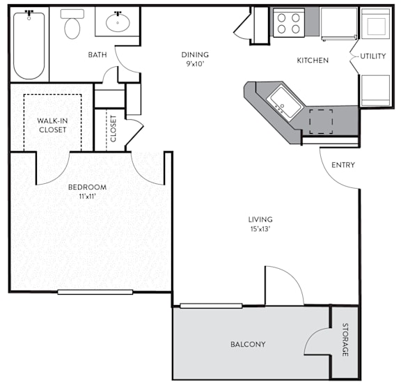 A floor plan of a small apartment with a bedroom, living room, kitchen, and bathroom.