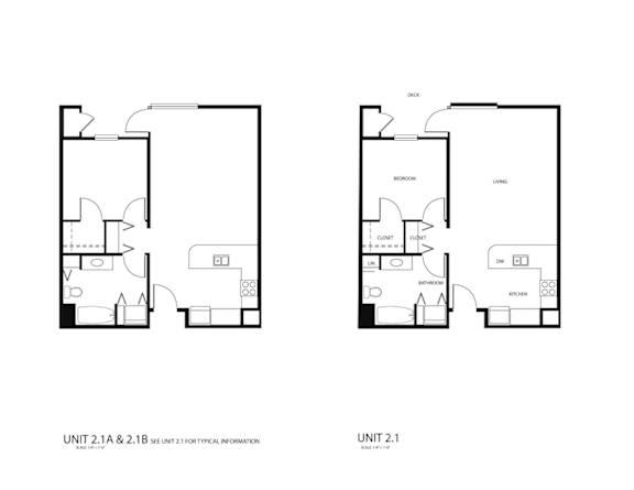 Two floor plans for a unit labeled 2.1A and 2.1B.