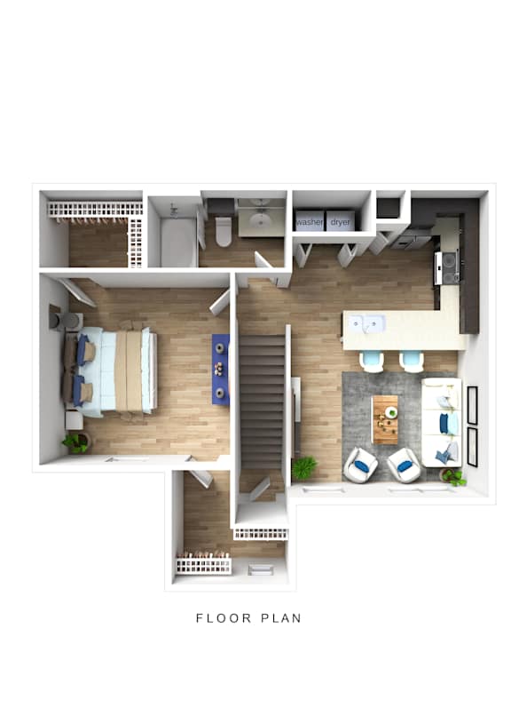 A floor plan of a house with a living room, kitchen, and two bedrooms.