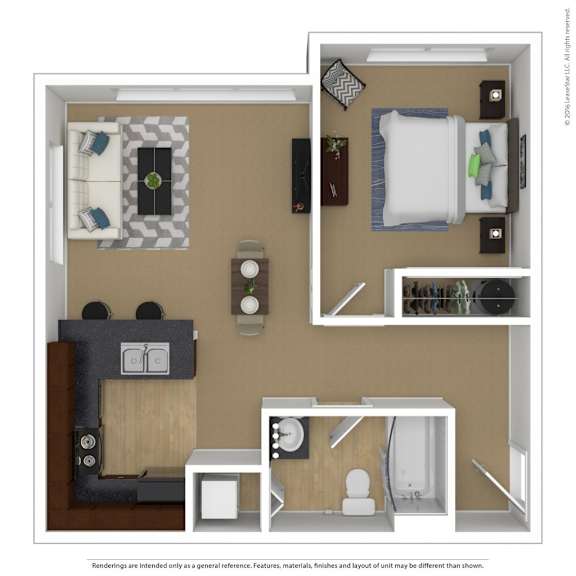 A floor plan of a small apartment with a kitchen, living room, and bathroom.