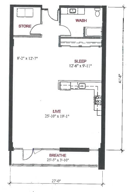 A floor plan of a small apartment with a sleeping area, a living area, and a store.