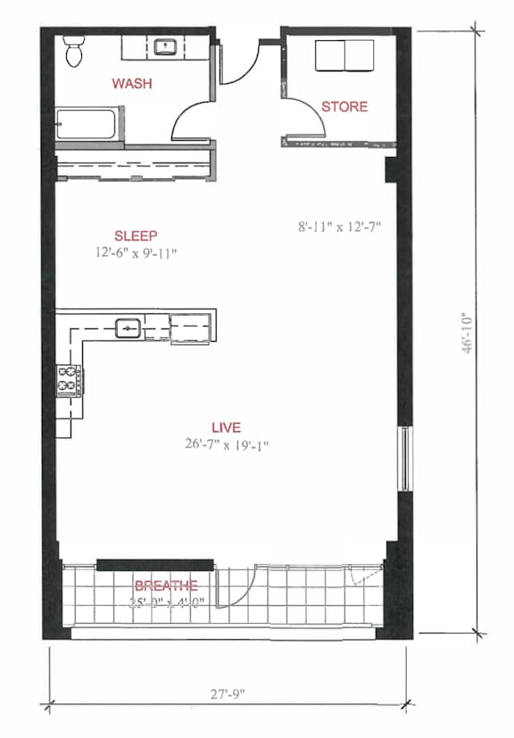 A floor plan of a small apartment with a sleeping area, a living area, and a bathroom.
