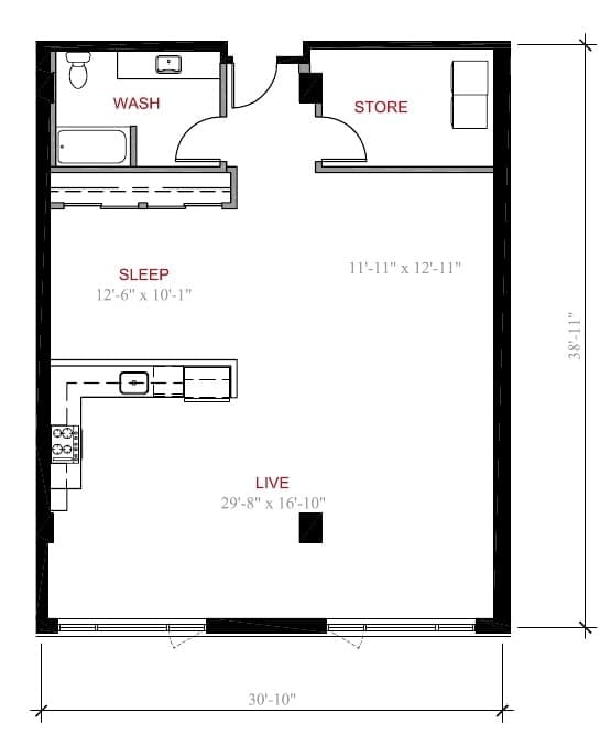 A floor plan of a small apartment with a sleeping area, a living area, and a store.