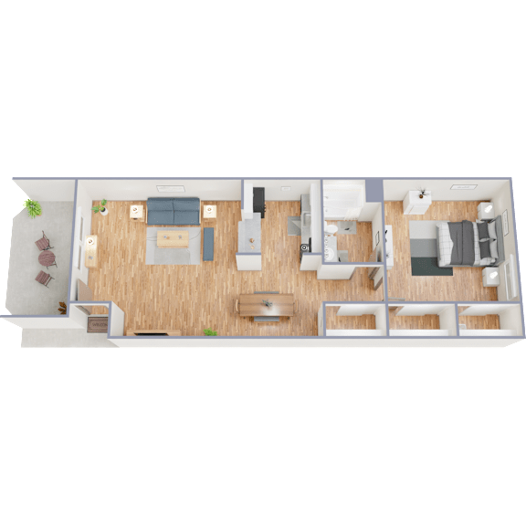 A 3D floor plan of a house with a living room, kitchen, dining area, and bedrooms.