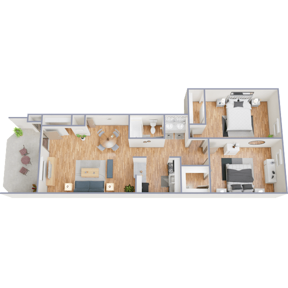 A 3D rendered image of a modern house layout.