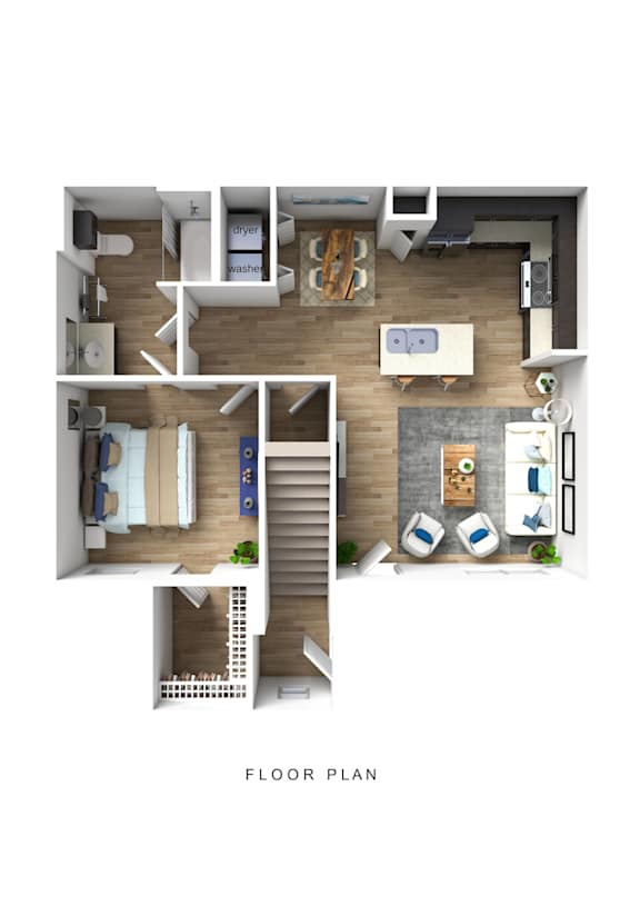 A floor plan of an apartment with a living room, kitchen, and bedroom.