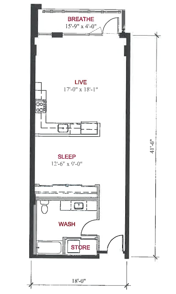 A floor plan of a small apartment with a sleeping area, a living area, and a washroom.