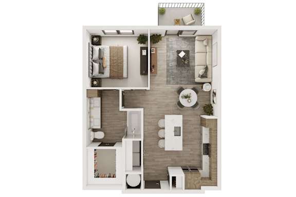 A floor plan of a small apartment with a sleeping area, a living area, and a washroom.