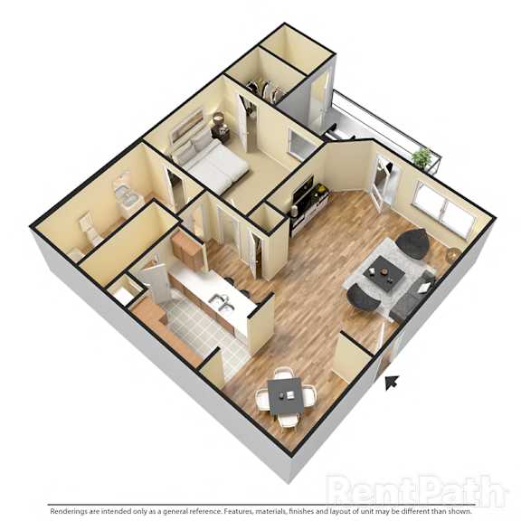 Villas at Meadow Springs 1x1 B 3D Floor Plan