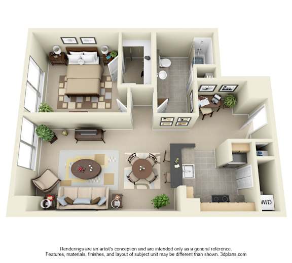 A 3D floor plan of a house with a living room, kitchen, dining room, and bedrooms.