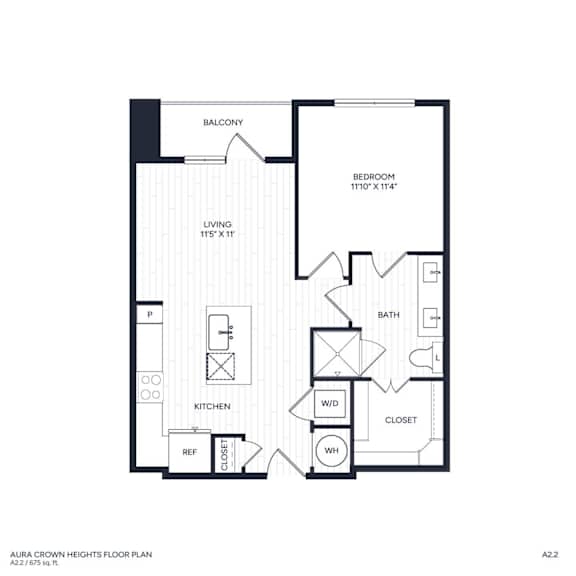 A floor plan of A2.2 with a living room, kitchen, bathroom, bedroom, and balcony