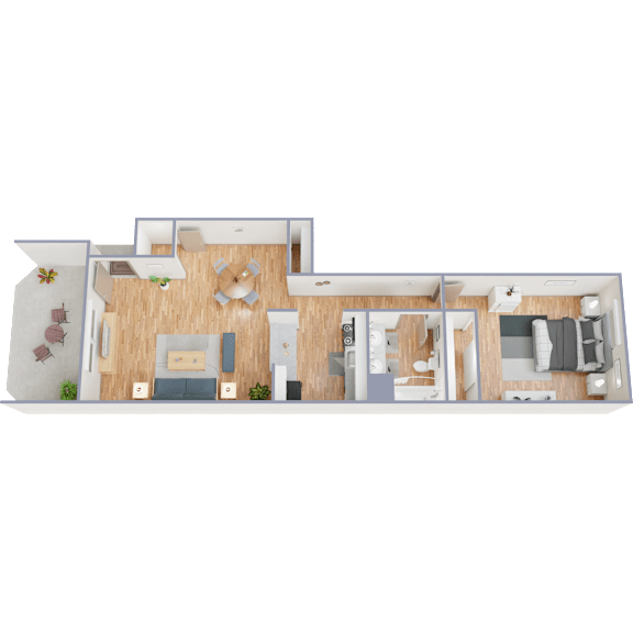 A 3D floor plan of a house with a living room, kitchen, dining area, and two bedrooms.