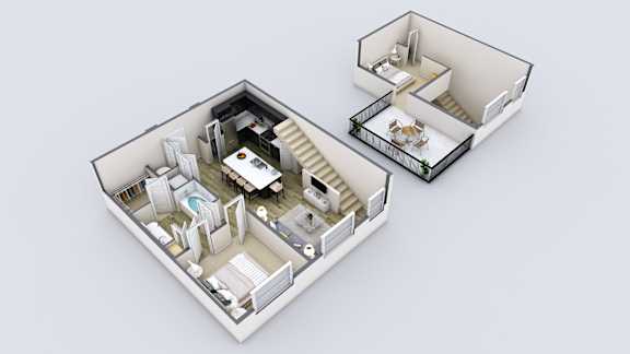 A 3D model of a house with a kitchen, living room, and bathroom.