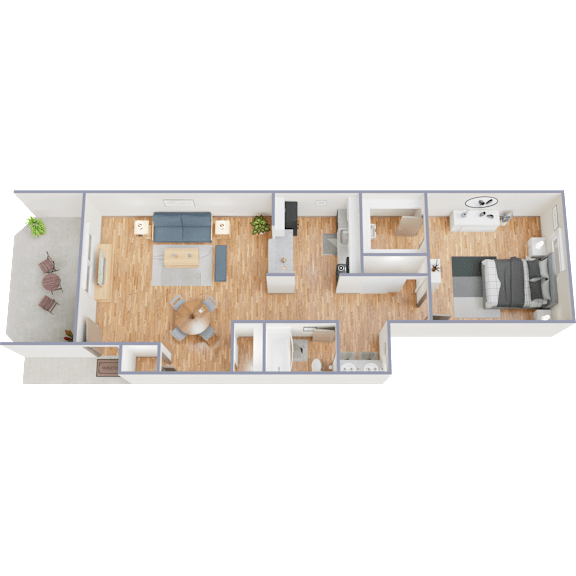 A 3D rendered image of a modern apartment layout.