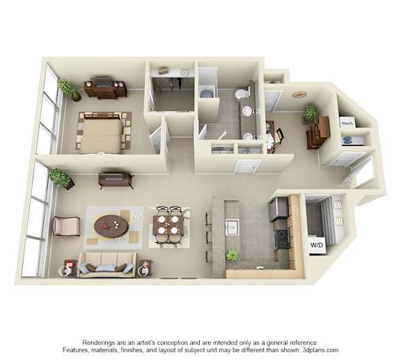 A 3D floor plan of a house with a living room, kitchen, dining room, and bedrooms.
