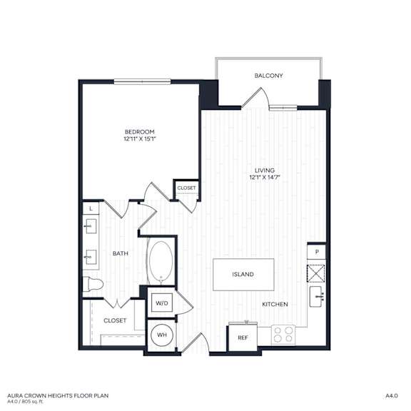 A floor plan of a one-bedroom apartment home A4 with a balcony.