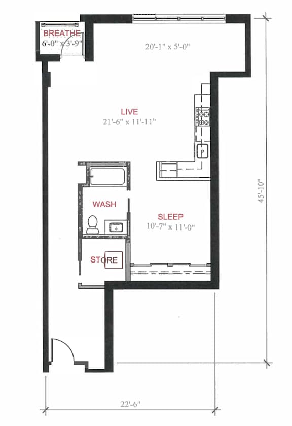 A black and white image of a floor plan for a small apartment.