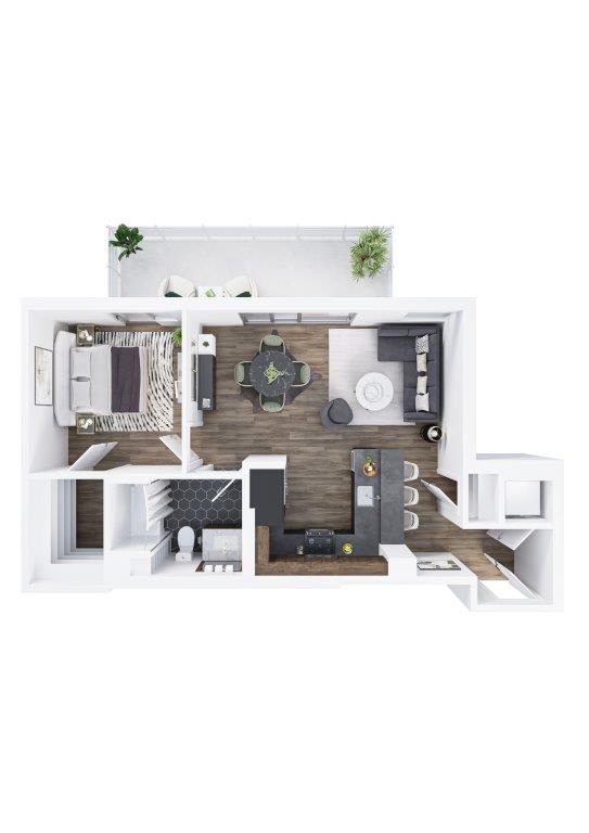A top-down view of a small apartment with a kitchen, living room, and bathroom.