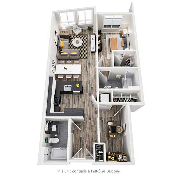 Floor Plan  A floor plan of a unit with a full-size balcony.