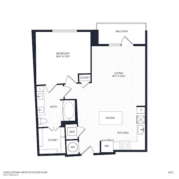 A floor plan of a home with a balcony, living room, kitchen, bathroom, and bedroom.