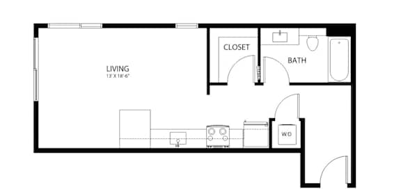A black and white image of a floor plan for a living space.