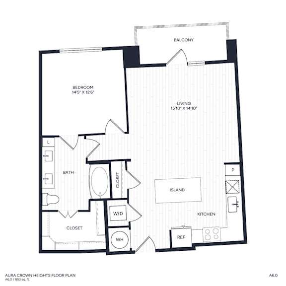A floor plan of a home with a balcony, bedroom, bath, closet, kitchen, and living room.