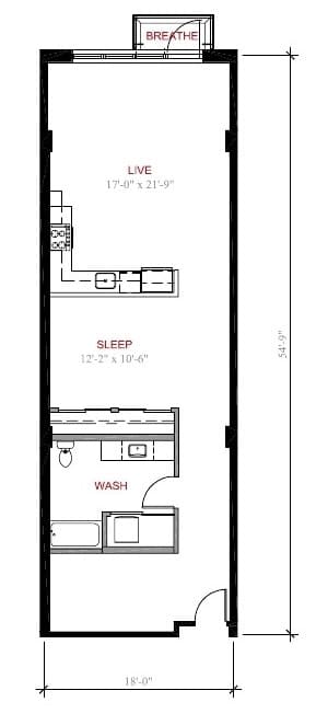 A floor plan of a small apartment with a living room, sleeping area, and bathroom.