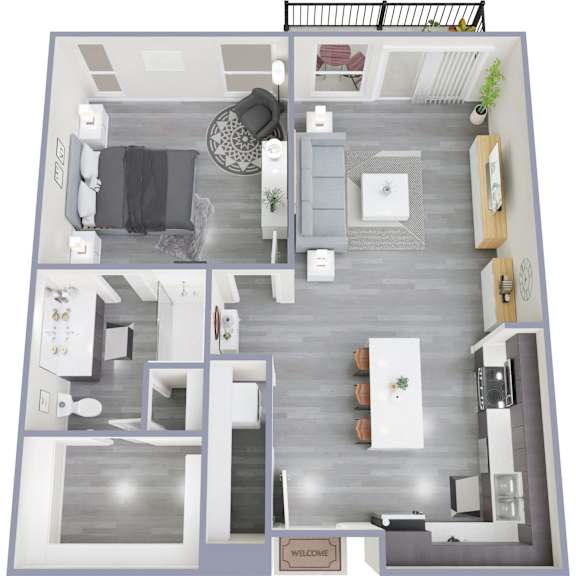 A top-down view of a modern apartment layout with a living room, kitchen, and bathroom.