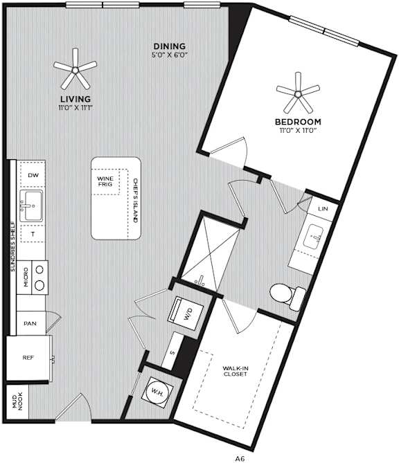 A floor plan of a house with a living room, dining room, bedroom, and kitchen.