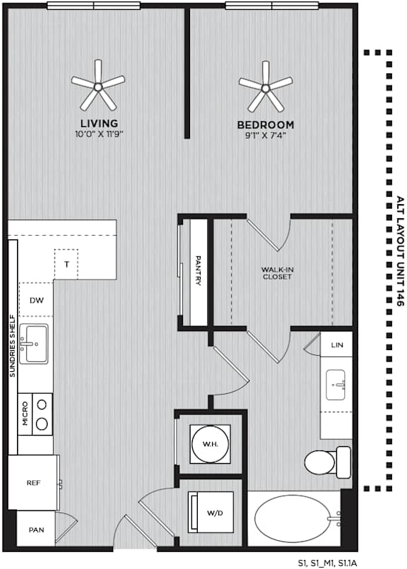 A floor plan of a Studio with a living room, Bedroom area, and bathroom.
