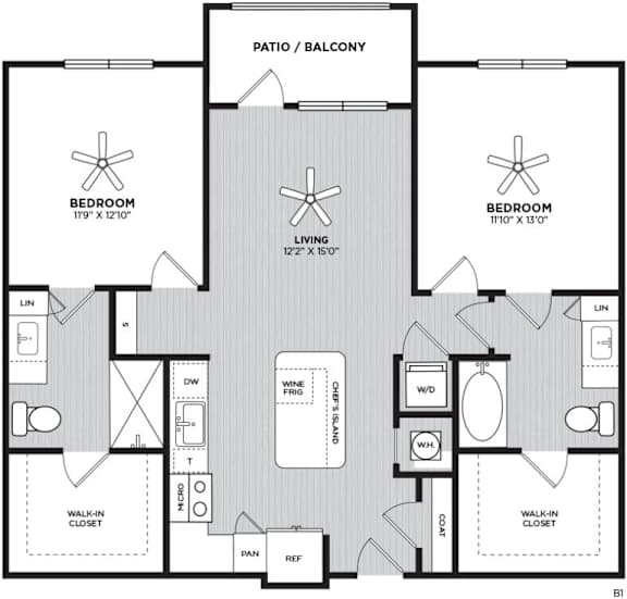 A black and white image of a floor plan for an apartment home with 2 bedrooms, 2 bathrooms, living room, kitchen, and patio/balcony