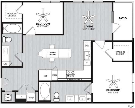 A floor plan of a home with two bedrooms, a living room, a patio, and an island with a sink.