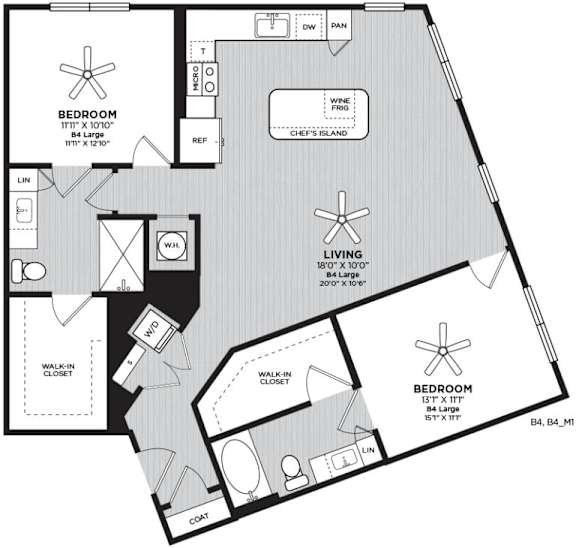 A black and white image of a floor plan for an apartment home with 2 bedrooms, 2 bathrooms, living room, and kitchen