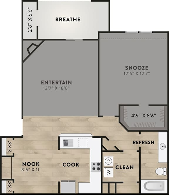 A floor plan of a house with labeled rooms such as "BREATHE", "ENTERTAIN", "REFRESH", "NOOK", "COOK", and "CLEAN".