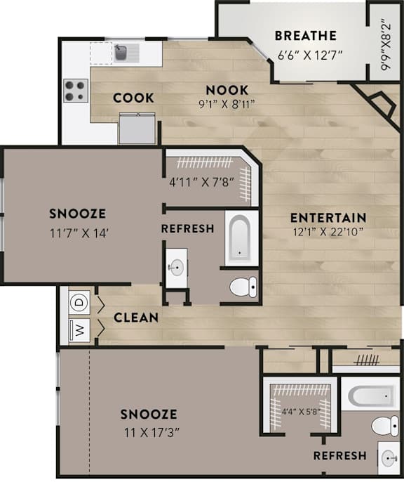 A floor plan of a house with labeled rooms such as "BREATHE", "COOK", "NOOK", "SNOOZE", "REFRESH", "ENTERTAIN", and "CLEAN".