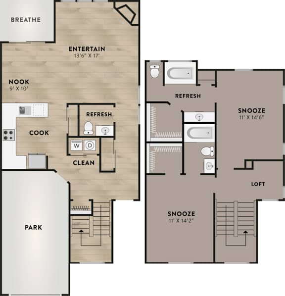 A floor plan of a house with labeled rooms such as "BREATHE", "ENTERTAIN", "REFRESH", "COOK", "CLEAN", "PARK", and "LOFT".