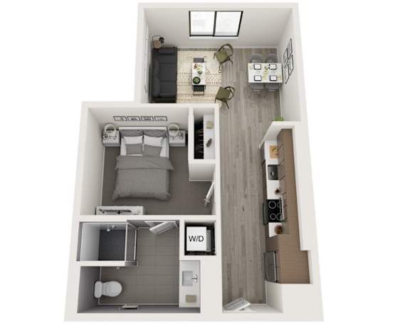 A floor plan of a small apartment with a bedroom, living room, and bathroom.