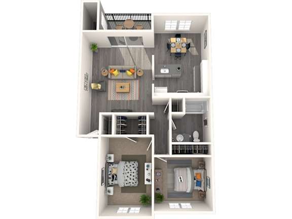 A 3D floor plan of a small apartment with a kitchen, living room, and two bedrooms.