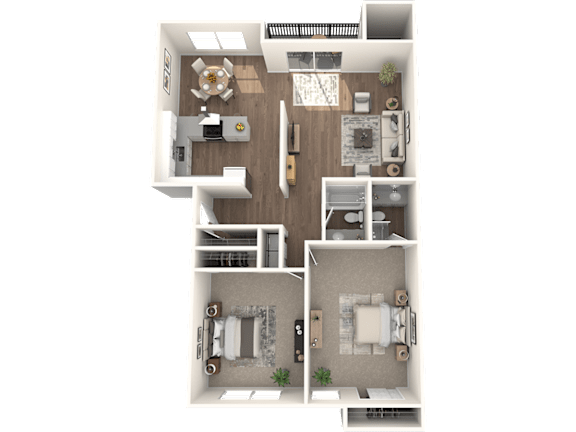 A top-down view of a house layout with a kitchen, living room, and two bedrooms.