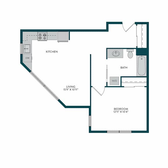 A floor plan of a living space showing a kitchen, bathroom and bedroom.